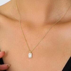Square Zirconia Necklace 925 Sterling Silver 14K Gold Plated Geometric Pendant